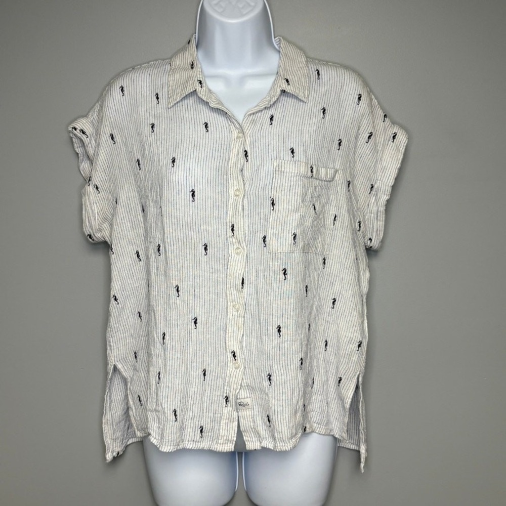 Rails Whitney Flocked Seahorses Nautical Striped Oversized Linen Top Sz‎ M